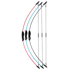 three colored classic recurve sport bows, on a white background, standing in a row