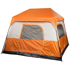 large tent, white with orange color, additional canopy from the rain, closed entrance, metal frame