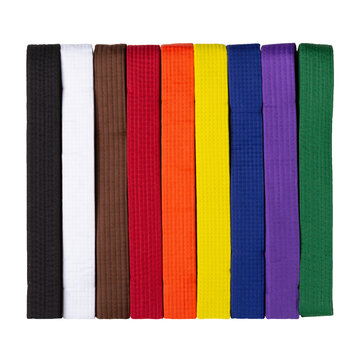 set of colored kimono belts, for karate, judo and other martial arts, on a white background