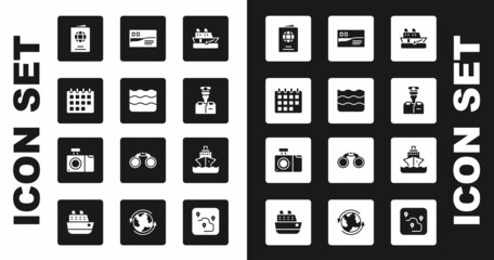 Set Cruise ship, Wave, Calendar, Passport, Captain of, Postcard travel, and Photo camera icon. Vector