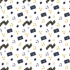 Vector seamless pattern with letters and scarf. Hogwarts and Ravenclaw