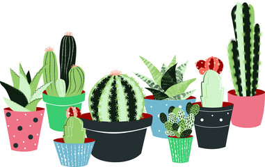 Set of cute pots with cacti and succulents.  Trendy hand-drawn Scandinavian doodle style. Minimalistic  palette. 