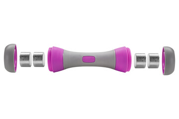 gray levitating dumbbell with lilac inserts and with metal washers for changing weight, on a white background