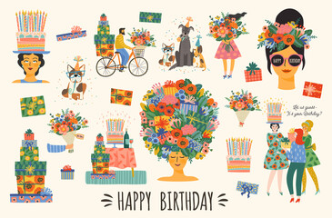 Happy Birthday. Vector set of cute illustrations. Bright compositions for card, poster, flyer, banner and other