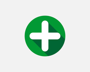 Green plus sign. Vector icon. Cross symbol of safety guidance.