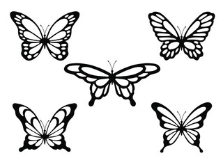 Obraz na płótnie Canvas Butterfles silhouettes. Hand drawn vector illustrations. Isolated elements on white background. Best for laser cutting, seamless patterns, cards, stickers, tattoo and web design.