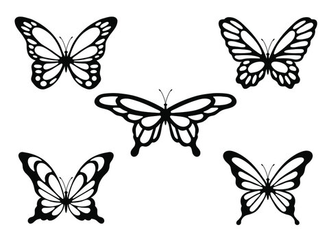 Butterfles silhouettes. Hand drawn vector illustrations. Isolated elements on white background. Best for laser cutting, seamless patterns, cards, stickers, tattoo and web design.