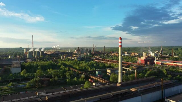 Factory metal steel drone aerial video shot smoke chimneys black processing hot, smog city Ostrava, dust air dron refinery calamity situation quick streaming emissions health smoking pollution ecology