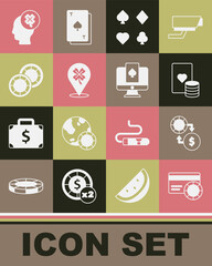 Set Credit card, Casino chips exchange on money, and playing cards, Deck of, slot machine with clover, and Online poker table game icon. Vector