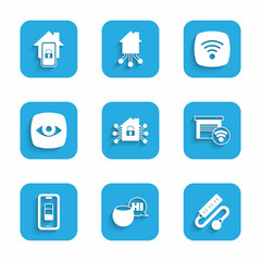 Set Smart home, Voice assistant, Electric extension cord, garage, Smartphone battery charge, Security camera, Wi-Fi wireless internet network and Mobile with smart icon. Vector