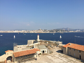 Panoramic view of Marseille and the Massif de Saint-Cyr (right) seen from the tower of Château d'If, a fortress and former prison located on the Île d'If, the smallest island in the Frioul archipelago