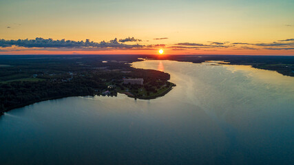 Wonderful sunset over Vodokhranilishche on Ruza river, Moscow Oblast, Russia Aerial or drone view