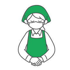 マスクをつけてお辞儀をするスーパーマーケットの女性店員