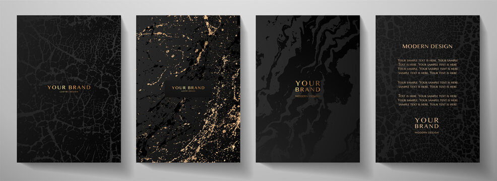 Contemporary cover design set. Art pattern with gold splash paint, old cracked texture, smudge on black background. Artistic vector collection for notebook, flyer template, luxe grunge poster