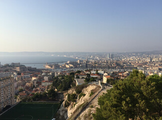 Panoramic view of the Saint-Victor neighborhood with the Old Port of Marseille (Vieux-Port) and Le...