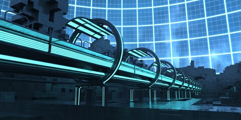 3D illustration of a futuristic tunnel with bright blue neon lights against light grid sky. Cyber space scene. City of a future. Cyberpunk wallpaper. Futuristic cityscape.