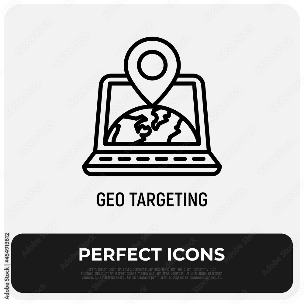 Poster geo targeting thin line icon, openlaptop with earth and pointer on her. modern vector illustration.