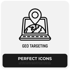 GEO targeting thin line icon, openlaptop with Earth and pointer on her. Modern vector illustration.