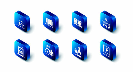 Set Wooden barrel for wine, Drying grapes, Book about, Wine bottle with glass, Tractor, Cardboard box of and Bottle icon. Vector