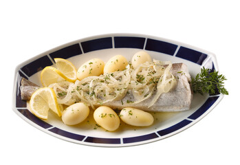 merluza fresca en salsa con cebolla y patatas cocidas. Fresh bake in sauce with onion and boiled potatoes.