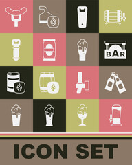 Set Beer tap, bottle, Street signboard with Bar, Bottle opener, can, Sausage on the fork and Glass of beer icon. Vector