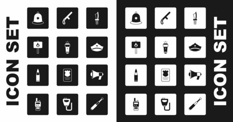 Set Military knife, Flashlight, Protest, British police helmet, Police cap with cockade, rubber baton, Megaphone and Bullet icon. Vector