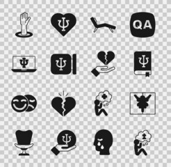 Set Man graves funeral sorrow, Rorschach test, Psychology book, Psi, Armchair, Psychology,, Psychologist online, Helping hand and Broken heart divorce icon. Vector