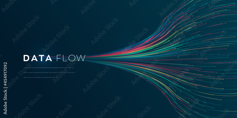Poster wave vector element with abstract colorful lines on black background. data flow vector illustration 