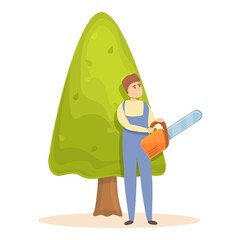 Tree trimming icon cartoon vector. Garden hedge. Man maintenance