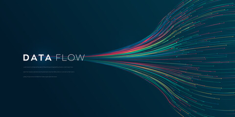 Wave vector element with abstract colorful lines on black background. Data flow vector illustration can be use for banner, poster, website. Curve flow motion illustration.