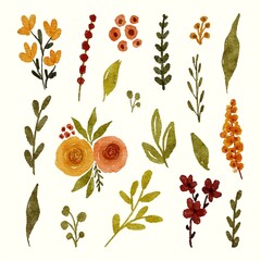 Assortment of watercolor leaves and flowers