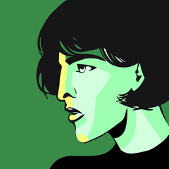 vector drawing of modern strong woman in profile with beautiful short bob hairstyle isolated on green background. imitation of a drawing in black ink.useful for prints, postcards, posters, advertising