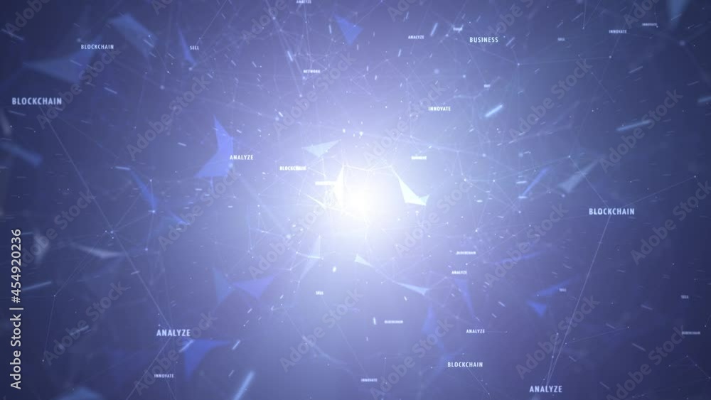 Poster futuristic blockchain word cloud on shiny cryptocurrency cyberspace network motion background.
