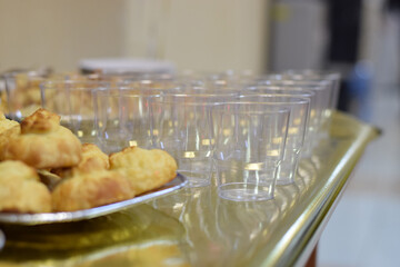 pastry pies, plates on the New Year's table with pastries