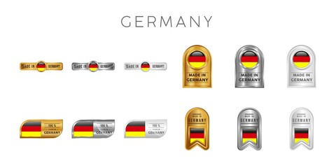 Made in Germany Label, Stamp, Badge, or Logo. With The National Flag of Germany. On platinum, gold, and silver colors. Premium and Luxury Emblem