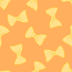 Vector pattern of farfalle pasta in flat style. Seamless pattern of hand-drawn yellow bow pasta randomly placed on an orange background for a packaging design template, labels, menus