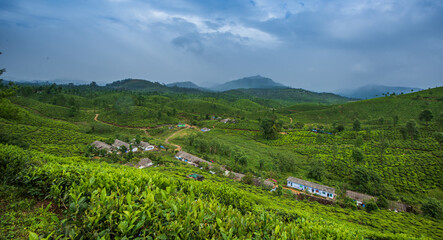 Fototapeta na wymiar Valparai is a hill station in the south Indian state of Tamil Nadu. Nallamudi Viewpoint has vistas of the Anamalai Hills in the Western Ghats, and surrounding tea estates.