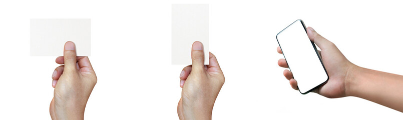 Blank screen of Mobile phone and Paper white business card with hand holding isolated on white background. of free space for your copy, Clipping path.