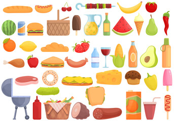 Picnic food icons set cartoon vector. Basket plates. Bag bread