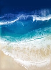 Top view on sea wave with white foam and light beige sand. drawing with epoxy resin. Close-up of deep rich blue, azure, turquoise color of water, shore. Trendy painting. Contemporary art	
