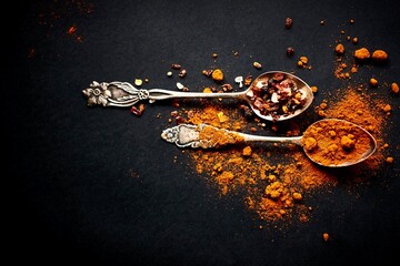spices salt and pepper old spoons black background