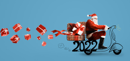 Santa Claus on scooter delivering Christmas or New Year 2022 gifts at blue background