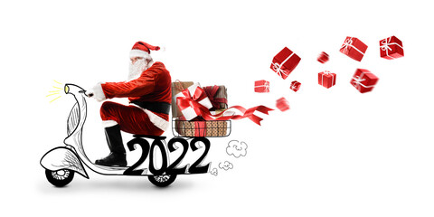 Santa Claus on scooter delivering Christmas or New Year 2022 gifts on white background