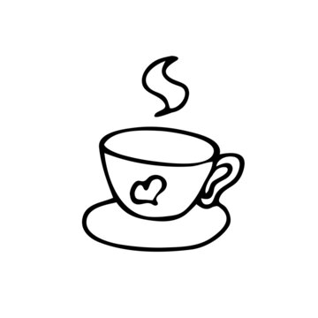 Black isolated icon of the outline of a tea cup on a white background. Doodle image of a cup with a hot drink.  