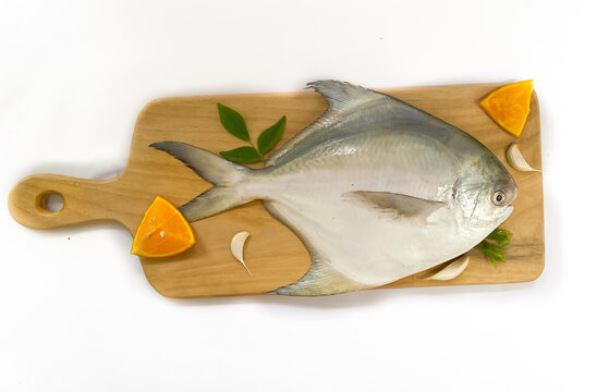 Top view of Silver Pomfret,White Pomfret fish dish cooking with various ingredients. Fresh raw fish decorated on a wooden pad, white background.Selective focus.