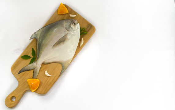 Top view of Silver Pomfret,White Pomfret fish dish cooking with various ingredients. Fresh raw fish decorated on a wooden pad, white background.Selective focus.Space for text.