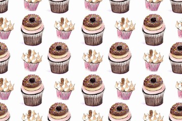 Seamless pattern donuts and meringue on white bachground. Watercolor hand painted illustration
