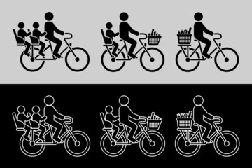 Fototapeta premium Pictogrammes d’une personne transportant ses enfants assis à l’arrière d’un vélo - images en de silhouettes noires ou en lignes blanches.