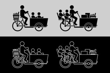 Pictogrammes d’une personne et ses deux enfants sur un vélo cargo - images en de silhouettes noires ou en lignes blanches.