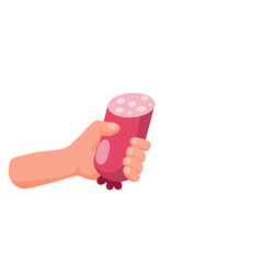 Hand hold sausage. Man offers food. Meat products. Flat cartoon illustration isolated on white